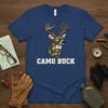 Camo Buck t-shirt design featuring a deer head with camouflage pattern and bold text "CAMO BUCK"