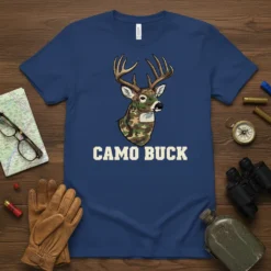 Camo Buck t-shirt design featuring a deer head with camouflage pattern and bold text "CAMO BUCK"