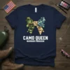 Navy t-shirt with "Camo Queen Warrior Princess" text and a camouflage bow graphic