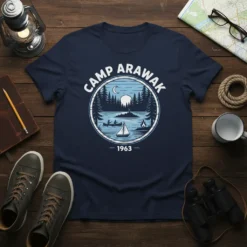 Camp Arawak 1963 t-shirt design featuring a vintage lake scene with canoes, sailboat, and pine trees under a crescent moon