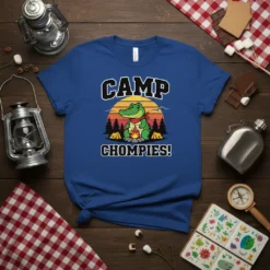 CAMP CHOMPIES! t-shirt design with a cartoon alligator sitting by a campfire at sunset