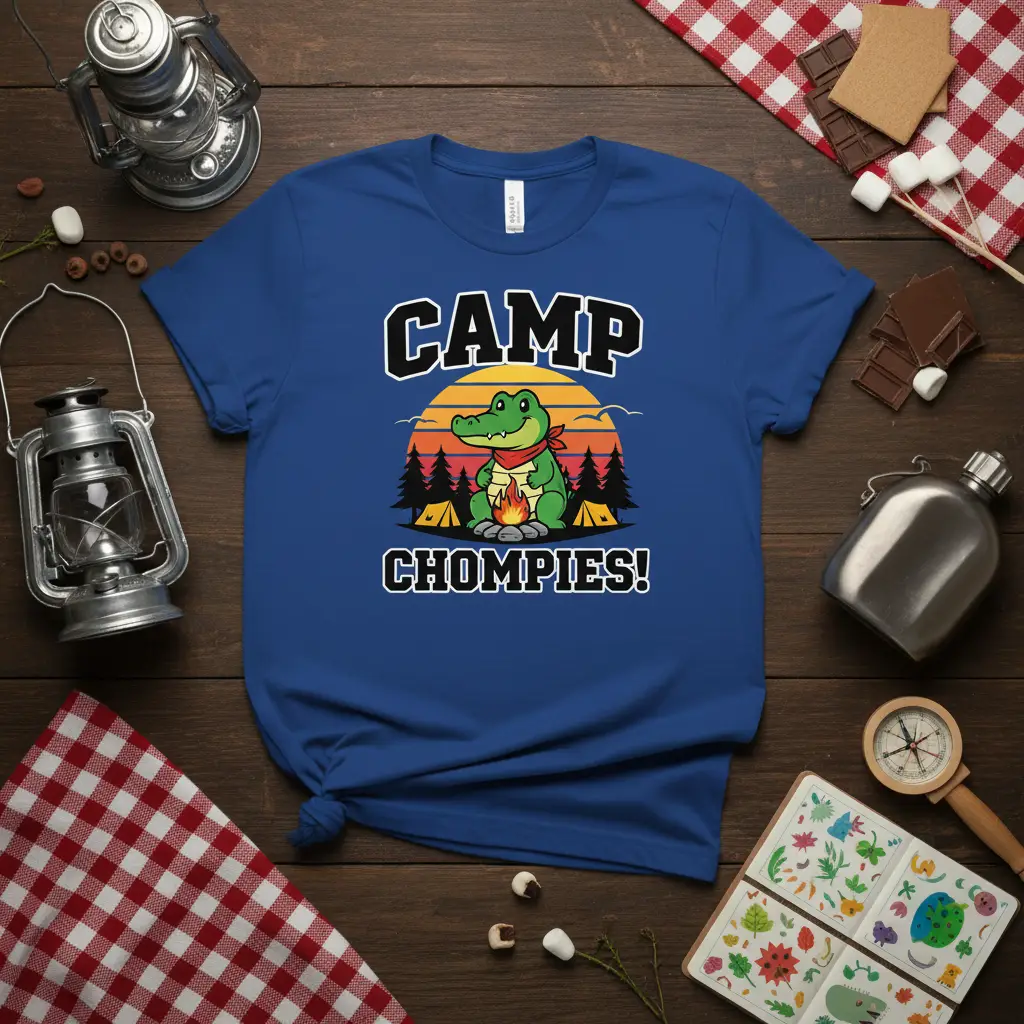 CAMP CHOMPIES! t-shirt with cartoon alligator enjoying a campfire at sunset