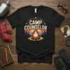 Camp Counselor t-shirt with retro sunset, campfire, and pine trees graphic