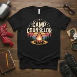 Camp Counselor t-shirt with retro sunset, campfire, and pine trees graphic