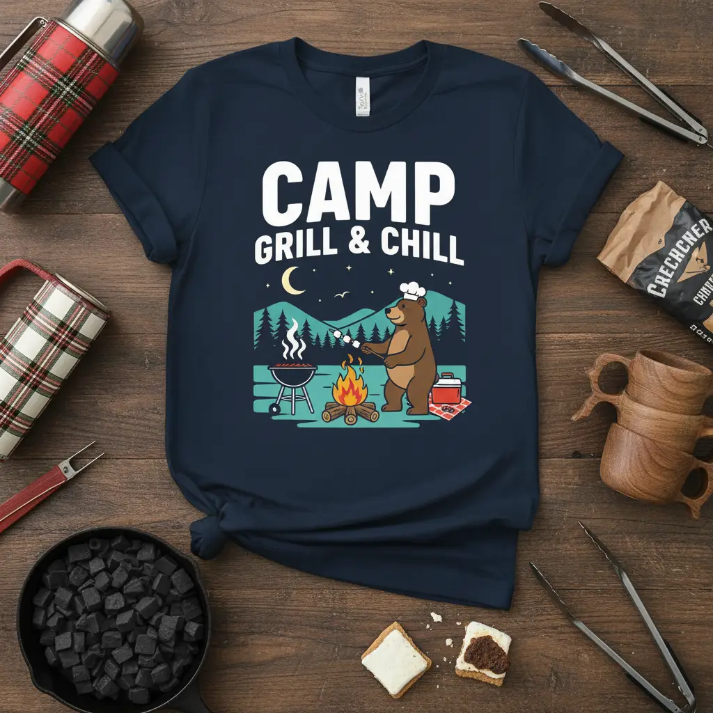 CAMP GRILL & CHILL text design with a bear grilling marshmallows by a campfire in a forest landscape