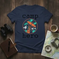 Camp Hero t-shirt design with pixelated text, satellite dish, mountains, and aurora borealis graphic