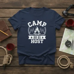 Camp Host 2021 t-shirt design featuring a campfire and trees with bold white lettering