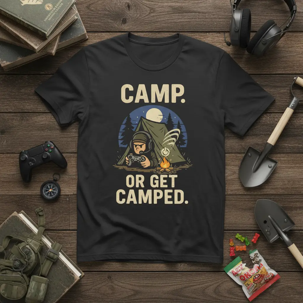 Camp. or Get Camped. Funny Gamer Camping T-Shirt