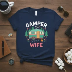 Camper Wife t-shirt design with a vintage camper, trees, flowers, and campfire graphic. Features "CAMPER" above and "WIFE" below the