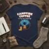 Campfire Coffee is My Love Language T-Shirt featuring a dog, campfire, coffee pot, and pine trees