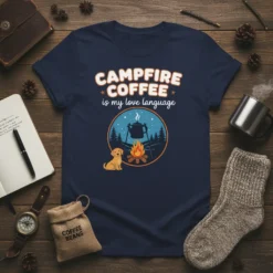 Campfire Coffee is My Love Language T-Shirt featuring a dog, campfire, coffee pot, and pine trees