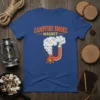 Campfire Smoke Magnet T-Shirt featuring a horseshoe magnet drawing campfire smoke and tiny figures towards a fire, in orange and