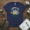Camping 2024 CO t-shirt design with a retro camper, mountains, stars, and trees