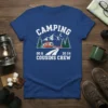 Camping Cousins Crew t-shirt design featuring a vintage camper, mountains, pine trees, and a canoe under a starry night sky