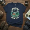 Camping Crew 2025 t-shirt design featuring a vintage camper, campfire, and tent under a starry night sky