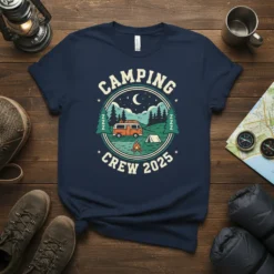 Camping Crew 2025 t-shirt design featuring a vintage camper, campfire, and tent under a starry night sky