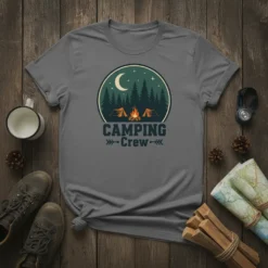 Camping Crew t-shirt design with tents, campfire, moon, and pine trees in a circular emblem