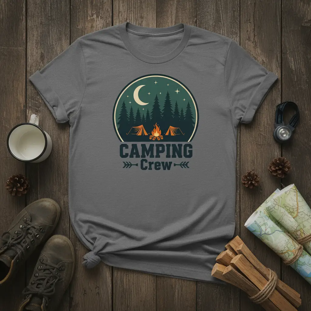 Camping Crew graphic tee with tents, campfire, and moon design, perfect for outdoor adventurers