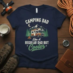 Navy blue t-shirt featuring the text "CAMPING DAD LIKE A REGULAR DAD BUT Cooler" with a vintage camper, campfire, and