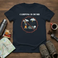 Dark blue t-shirt with white text "CAMPING IS DUMB" and a red crossed-out graphic of a campfire and a person