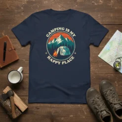 Camping Is My Happy Place t-shirt with vintage mountain, tent, and campfire graphic
