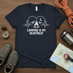 Camping Is My Heartbeat t-shirt with mountain and campfire graphic on a navy blue tee