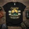 Black t-shirt featuring "Camping Outdoor life is an Adventure" text with mountain, hiker, and dog graphic