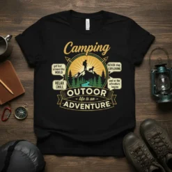 Black t-shirt featuring "Camping Outdoor life is an Adventure" text with mountain, hiker, and dog graphic