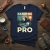 Camping Pro t-shirt with vintage mountain landscape, tent, campfire, and river graphic
