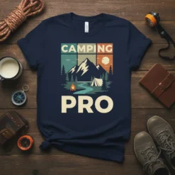 Camping Pro t-shirt with vintage mountain landscape, tent, campfire, and river graphic