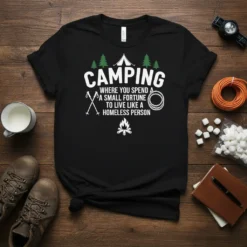 Black t-shirt with white text: "CAMPING WHERE YOU SPEND A SMALL FORTUNE TO LIVE LIKE A HOMELESS PERSON", surrounded by