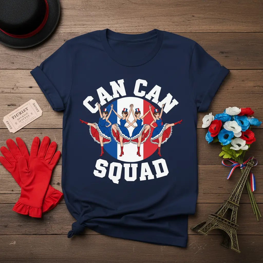 Can Can Squad text with dancing French cabaret performers on a navy blue t-shirt