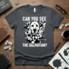 T-shirt with "CAN YOU SEE THE DALMATIAN?" text and a detailed Dalmatian dog graphic with red eyes and black splatters