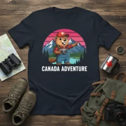Canada Adventure t-shirt featuring a cartoon beaver holding a camera, wearing overalls and a red plaid shirt, with mountains and