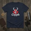 Navy t-shirt featuring Canada EST 1867 text with a red maple leaf and white deer graphic