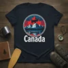 Canada t-shirt design with a moose on a mountain, a canoe on a lake, and the Canadian flag backdrop