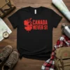 Black t-shirt with red text CANADA NEVER 51 and a red maple leaf with Canada map outline graphic