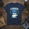Canada t-shirt design featuring a polar bear, mountains, river, and pine trees within a maple leaf outline