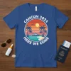 Cancun 2024 Here We Come t-shirt design featuring a tropical sunset, palm trees, and a cruise ship