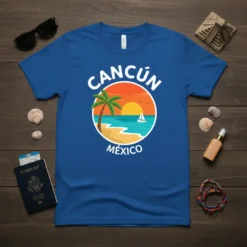 Cancún México text with a vibrant beach sunset graphic, palm tree, and sailboat on a blue t-shirt