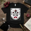 Candlelight & Dreams t-shirt design with gothic red roses, moon phases, and two hearts