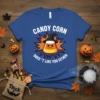 Royal blue t-shirt with "Candy Corn Doesn't Like You Either" text and a grumpy candy corn character wearing a witch