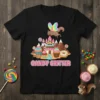 Candy Critter t-shirt design featuring a fairy squirrel flying over a whimsical candy castle with cupcakes and lollipops