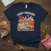 Candy Crusader Sweet Adventures Await! t-shirt with gingerbread village, candy cane, and train graphic