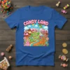 Candy Land t-shirt design with a princess, gingerbread man, ice cream, candy houses, and a dragon in a colorful landscape
