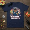 Candy Security Bear T-Shirt with a bear in uniform holding a lollipop and candy cane, surrounded by candy graphics