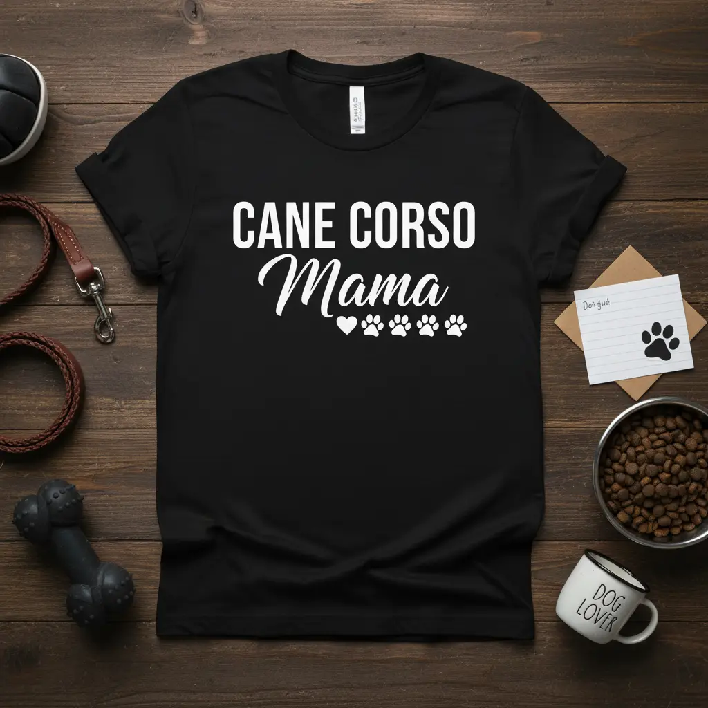 Cane Corso Mama text design with paw prints on a black t-shirt, perfect for dog moms