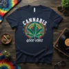 Cannabis Good Vibes t-shirt with a retro cannabis leaf design and colorful concentric circles