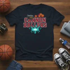 Cannon Ballers t-shirt design with a cannon firing flaming basketballs and a splash graphic