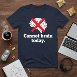 Cannot brain today humorous quote t-shirt with a red cross over a brain graphic